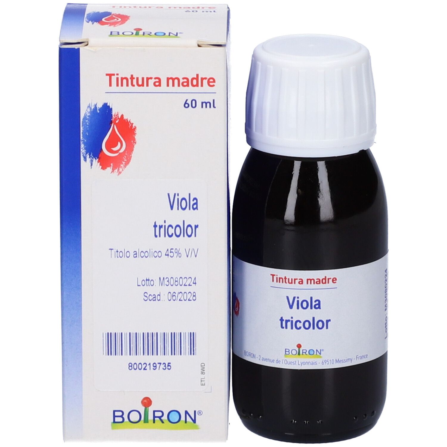 Flacone e scatola. Flacone con liquido marrone, tappo bianco. Scatola: Viola tricolor, Boiron.