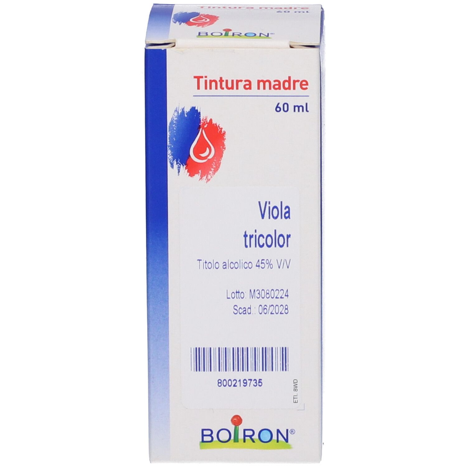 Scatola: Viola tricolor, Boiron. Contiene flacone con liquido marrone.