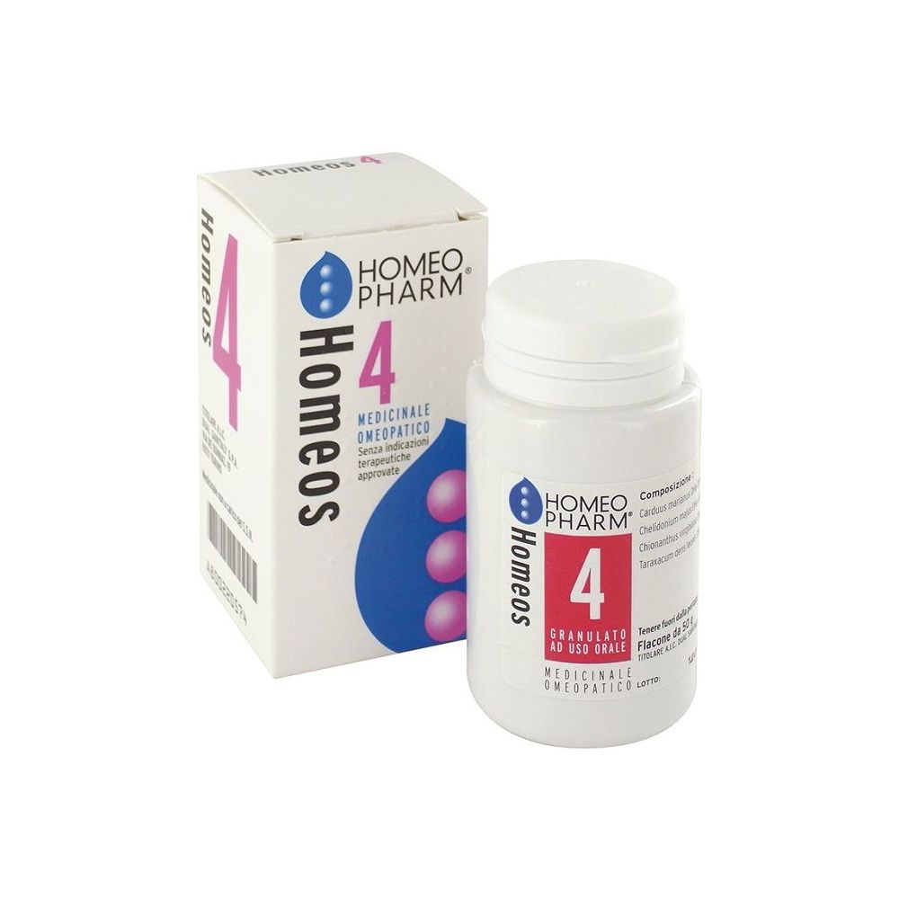 Scatola e flacone bianchi. Scritta: Homeos 4, Globuli. Medicinale omeopatico.