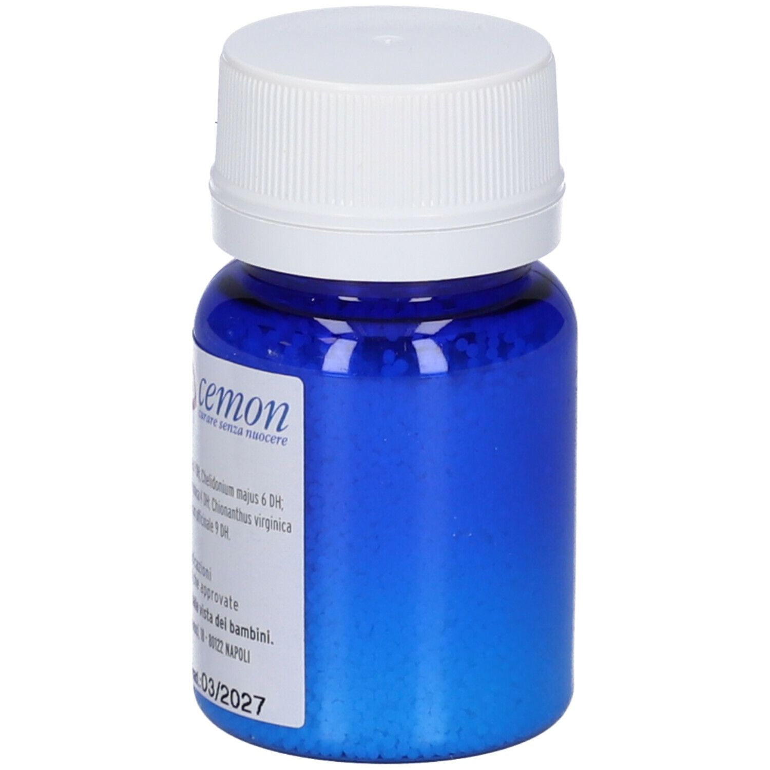 Flacone blu, tappo bianco. Contiene globuli blu. Scritta: Cemon, ingredienti, scadenza.