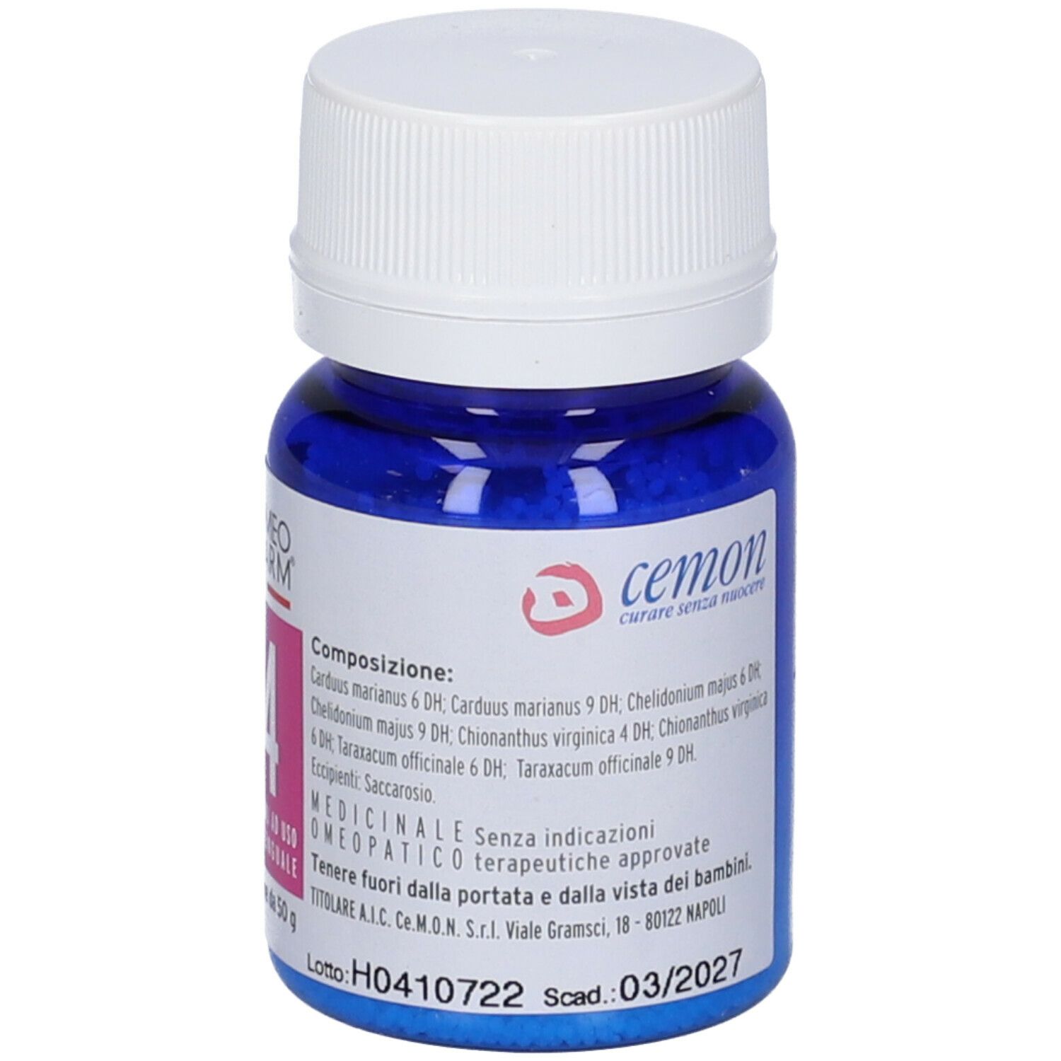 Flacone blu, tappo bianco. Contiene globuli blu. Scritta: Cemon, ingredienti, scadenza.