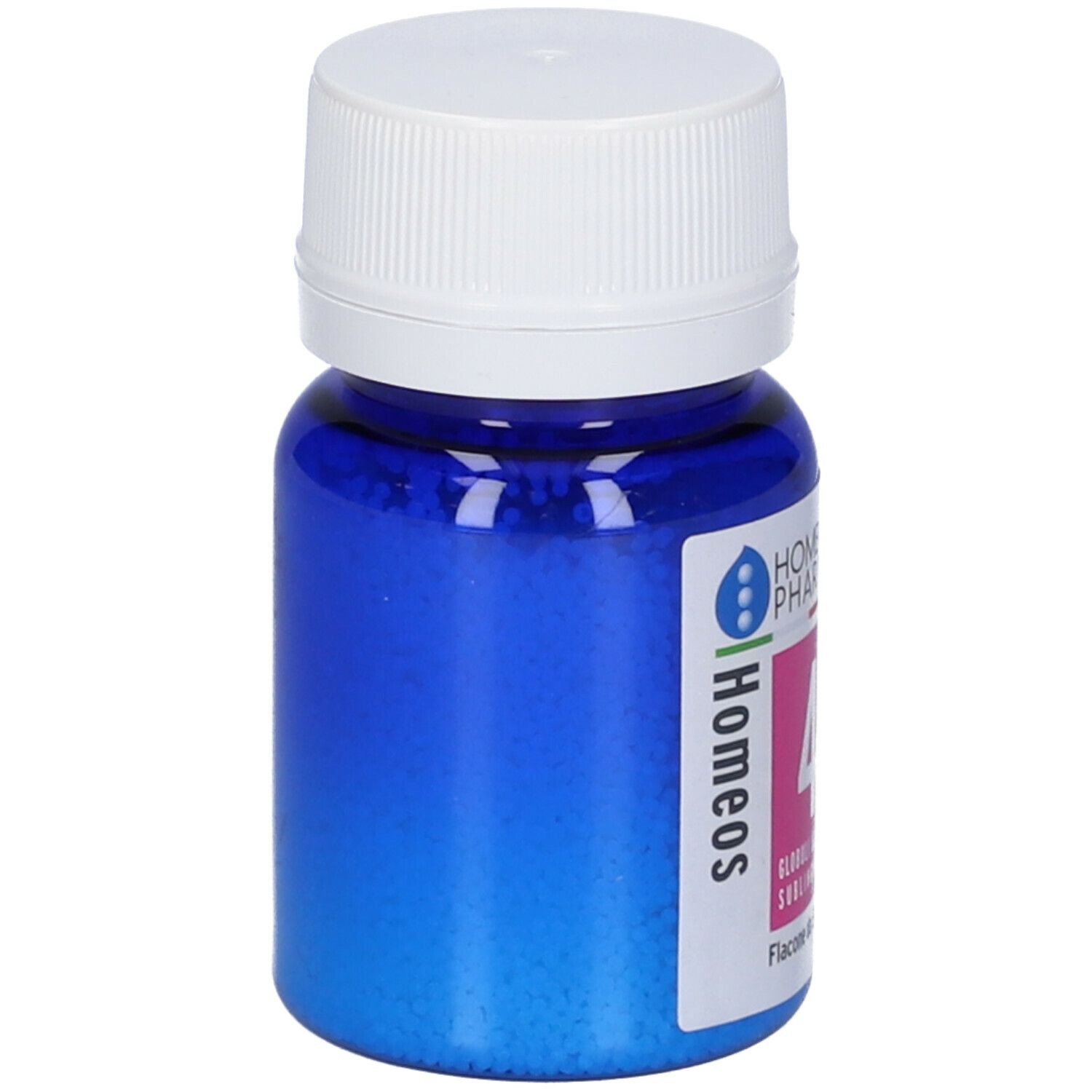 Flacone blu, tappo bianco. Contiene globuli blu. Scritta: Homeos, 4, Globuli.
