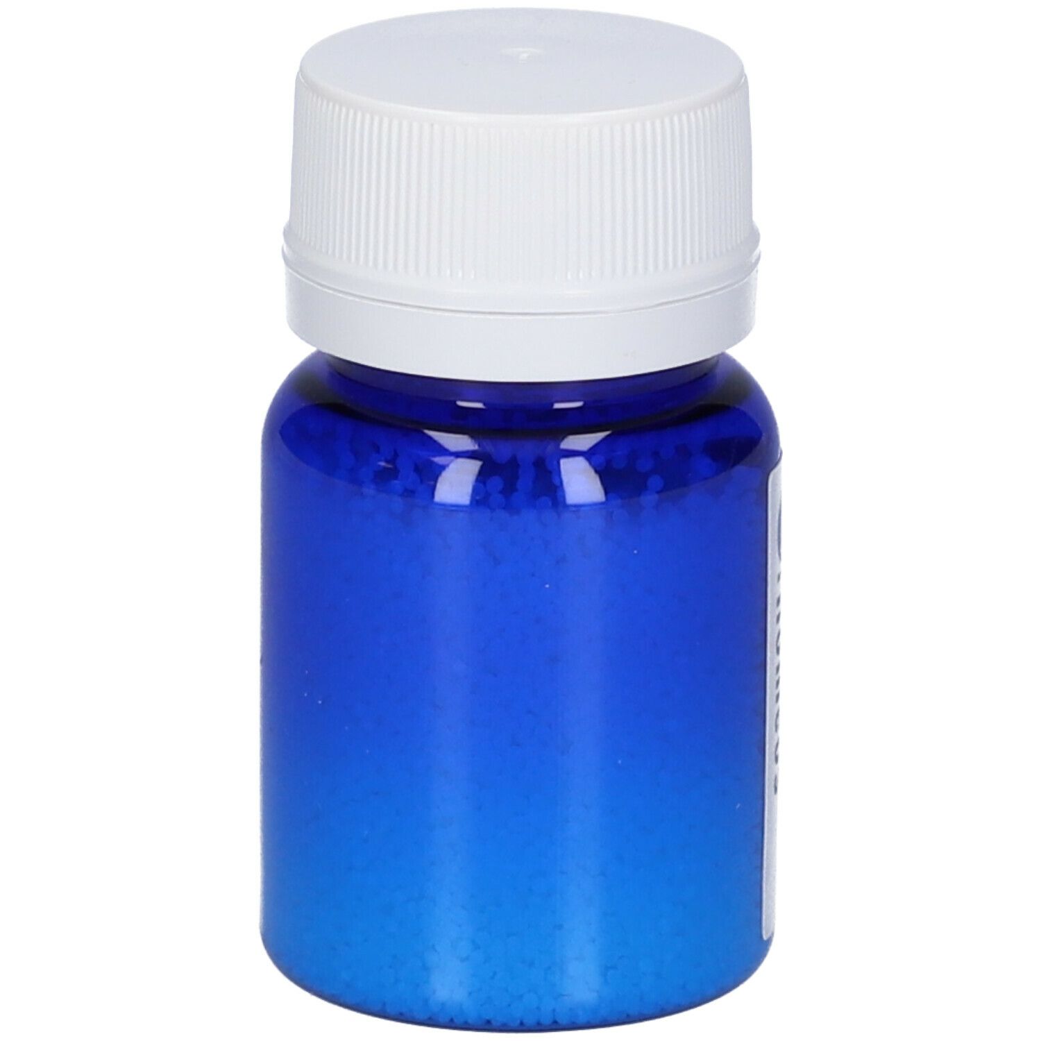 Flacone blu, tappo bianco. Contiene globuli blu. Nessuna altra scritta.