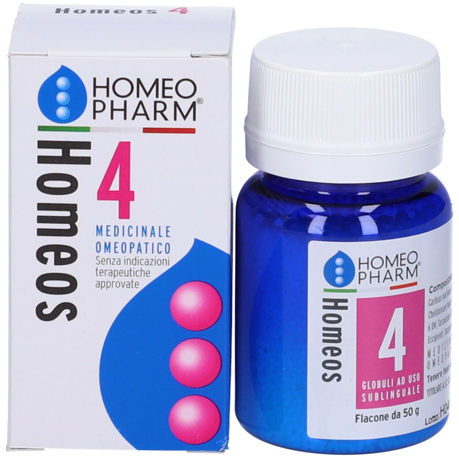 Scatola bianca e flacone blu, tappo bianco. Scritta: Homeos 4, Globuli. Medicinale.
