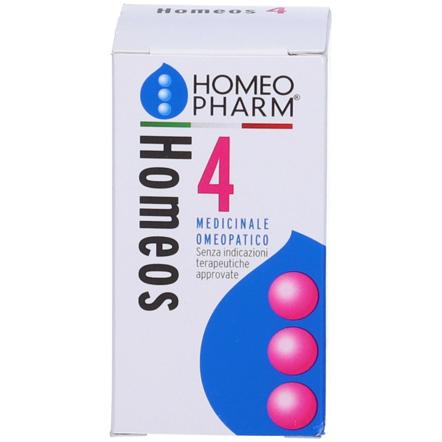 Scatola bianca con prodotto. Scritta: Homeos 4, Globuli. Medicinale. Palline rosa.