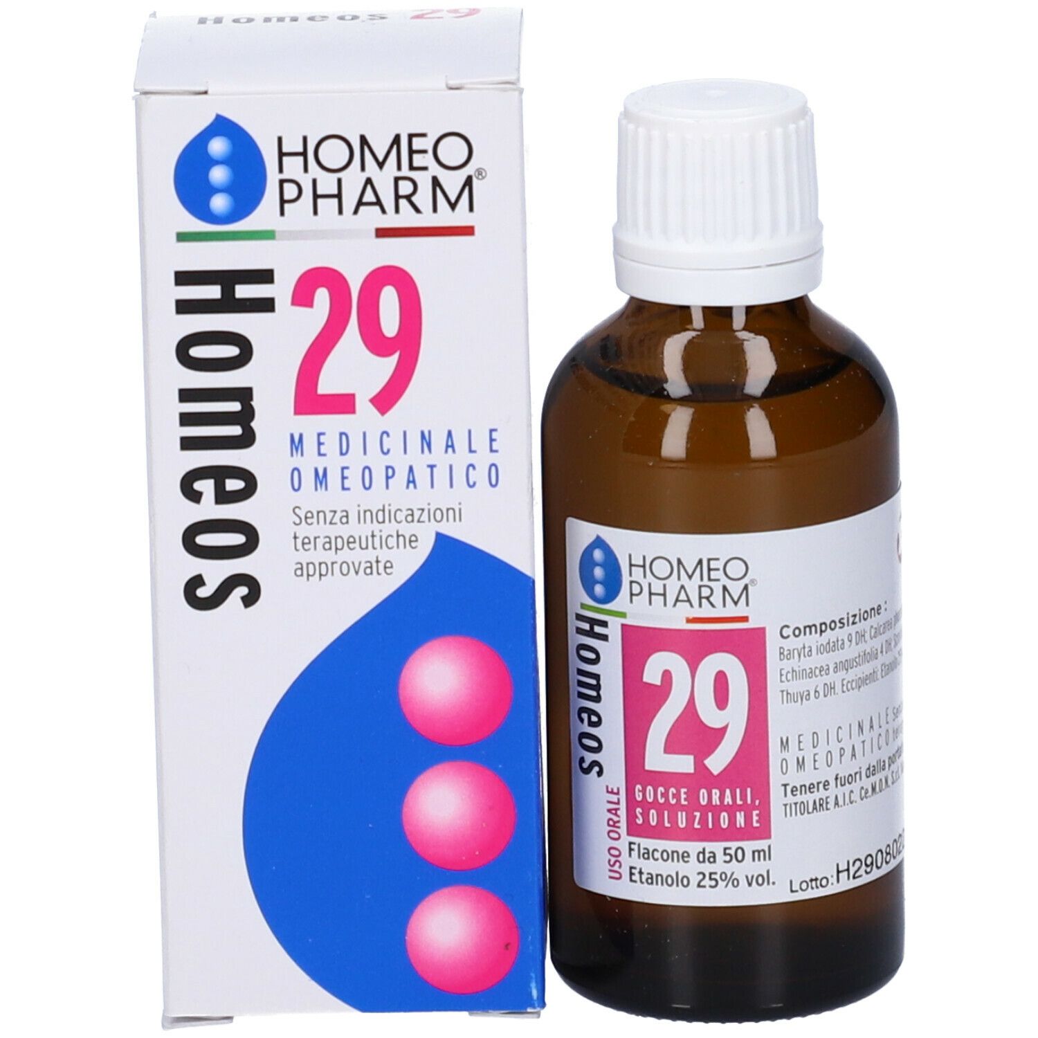 Flacone di vetro marrone con tappo bianco e confezione in cartone. Stampa: Homeos 29, Medicinale omeopatico.