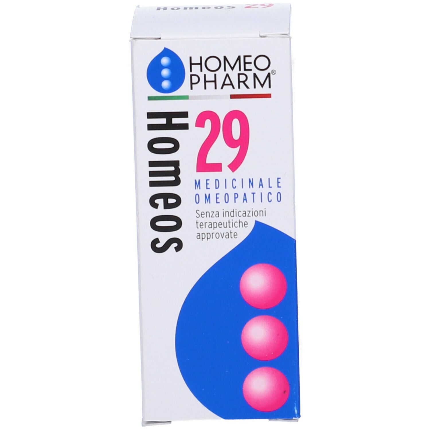 Confezione in cartone con informazioni sul prodotto. Stampa: Homeos 29, Medicinale omeopatico.