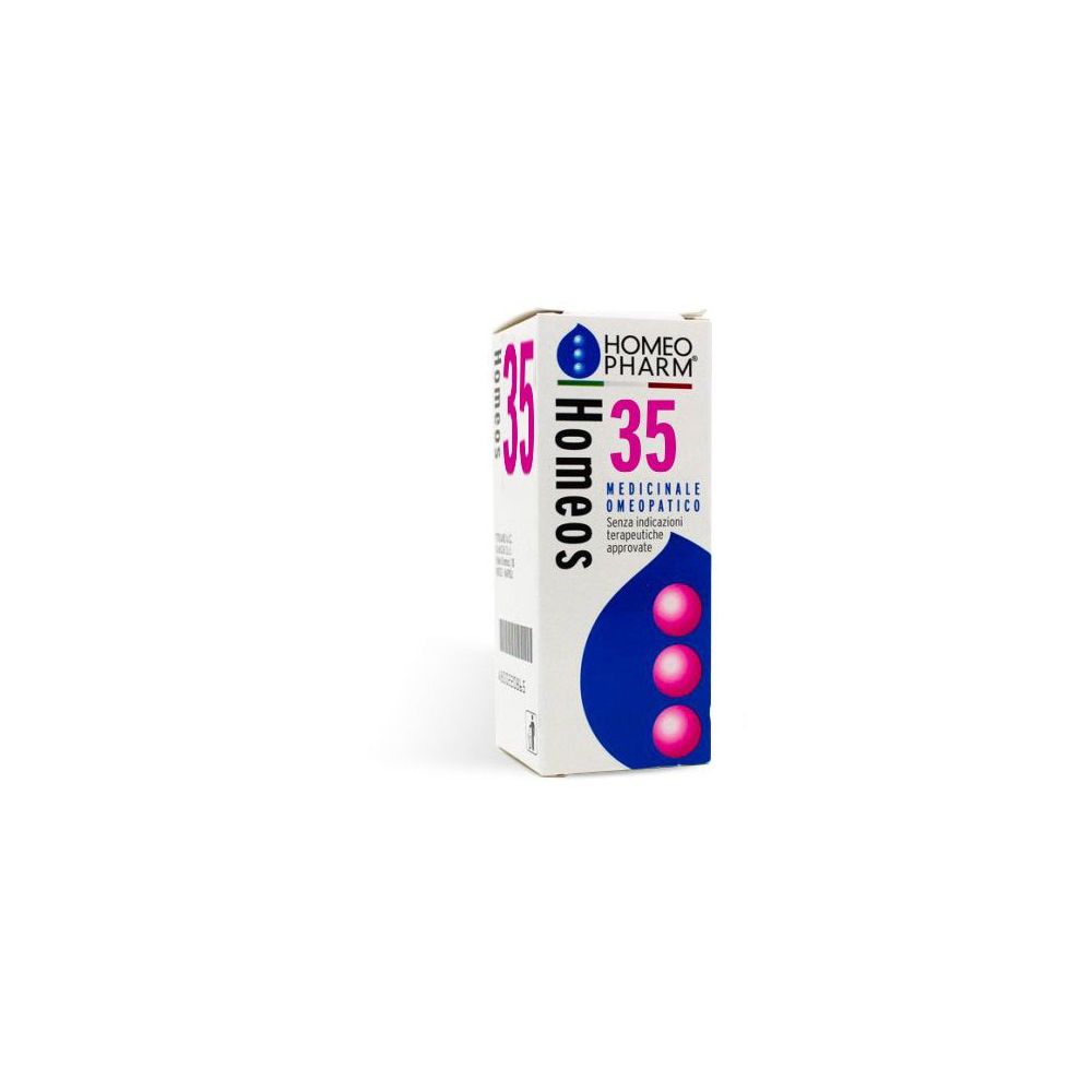 Scatola bianca con stampa del prodotto. Scritta: Homeos 35. Elementi blu e rosa.