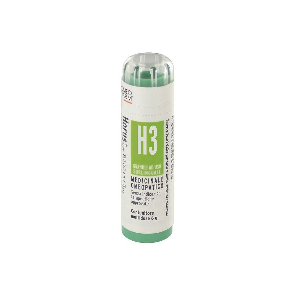 Confezione cilindrica verde e bianca con "Horus H3 Granuli". Tappo trasparente. Prodotto medico.