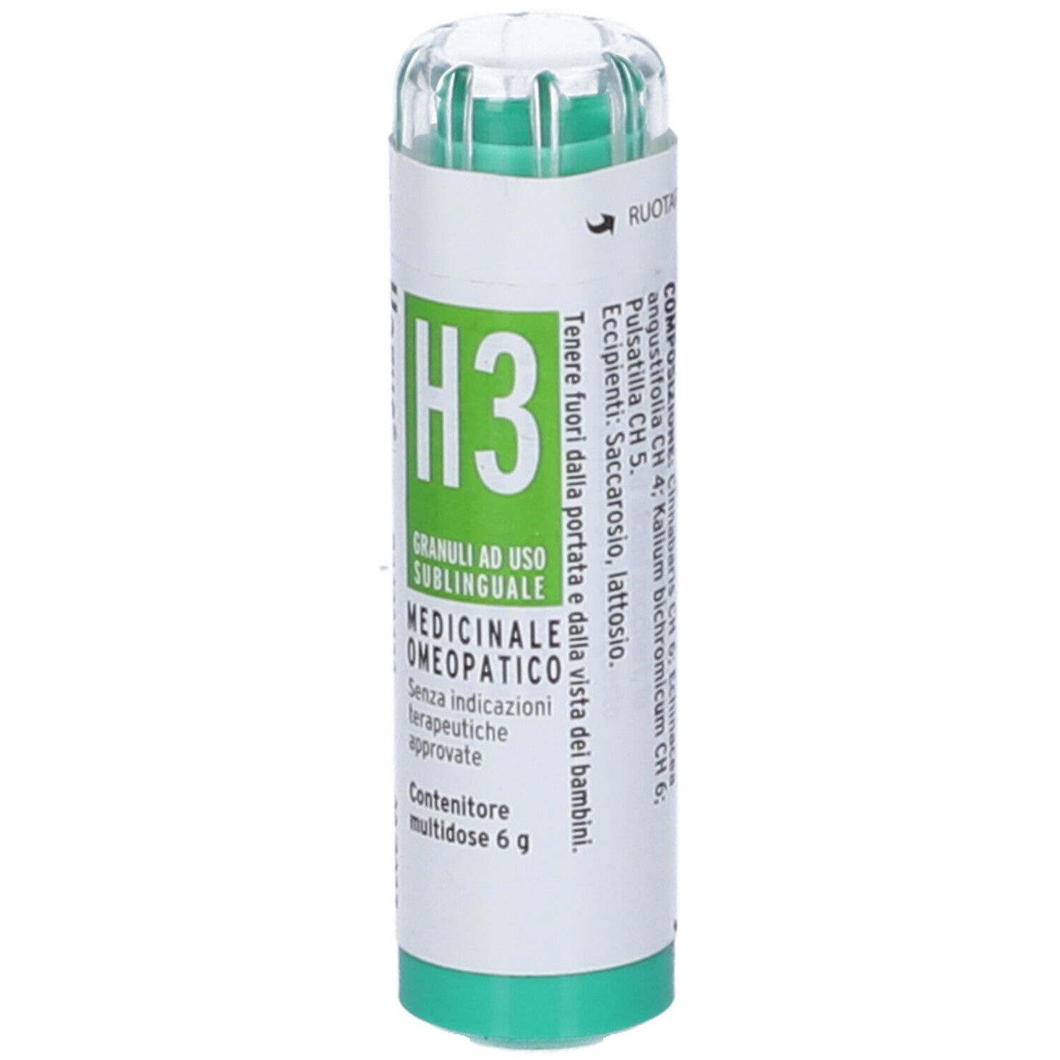 Confezione cilindrica verde e bianca con "H3 Granuli". Tappo trasparente. Scadenza 09/2027. Prodotto medico.