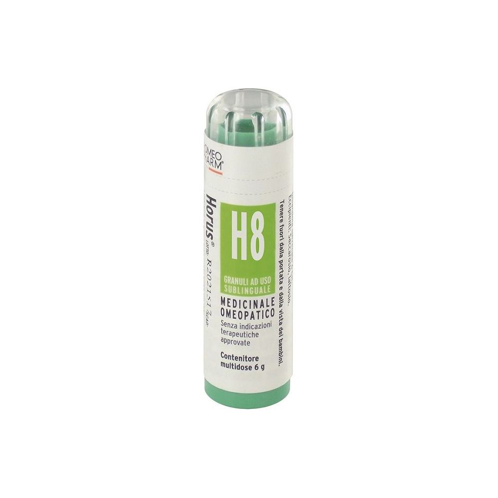 Confezione cilindrica verde e bianca. Scritta: Horus H8 Granuli, Medicinale omeopatico.
