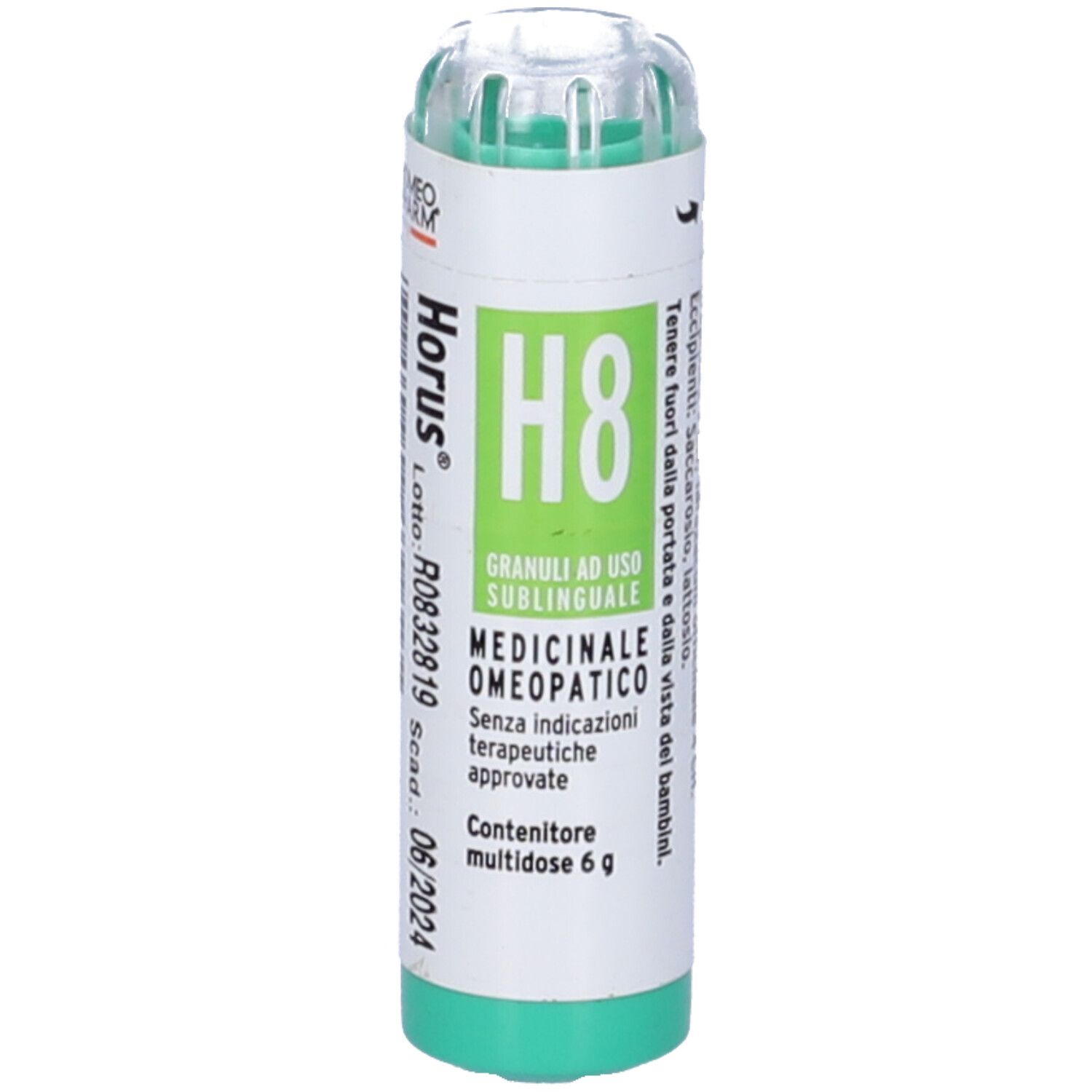 Confezione cilindrica verde e bianca. Scritta: Horus H8 Granuli, Medicinale omeopatico. Data di scadenza.
