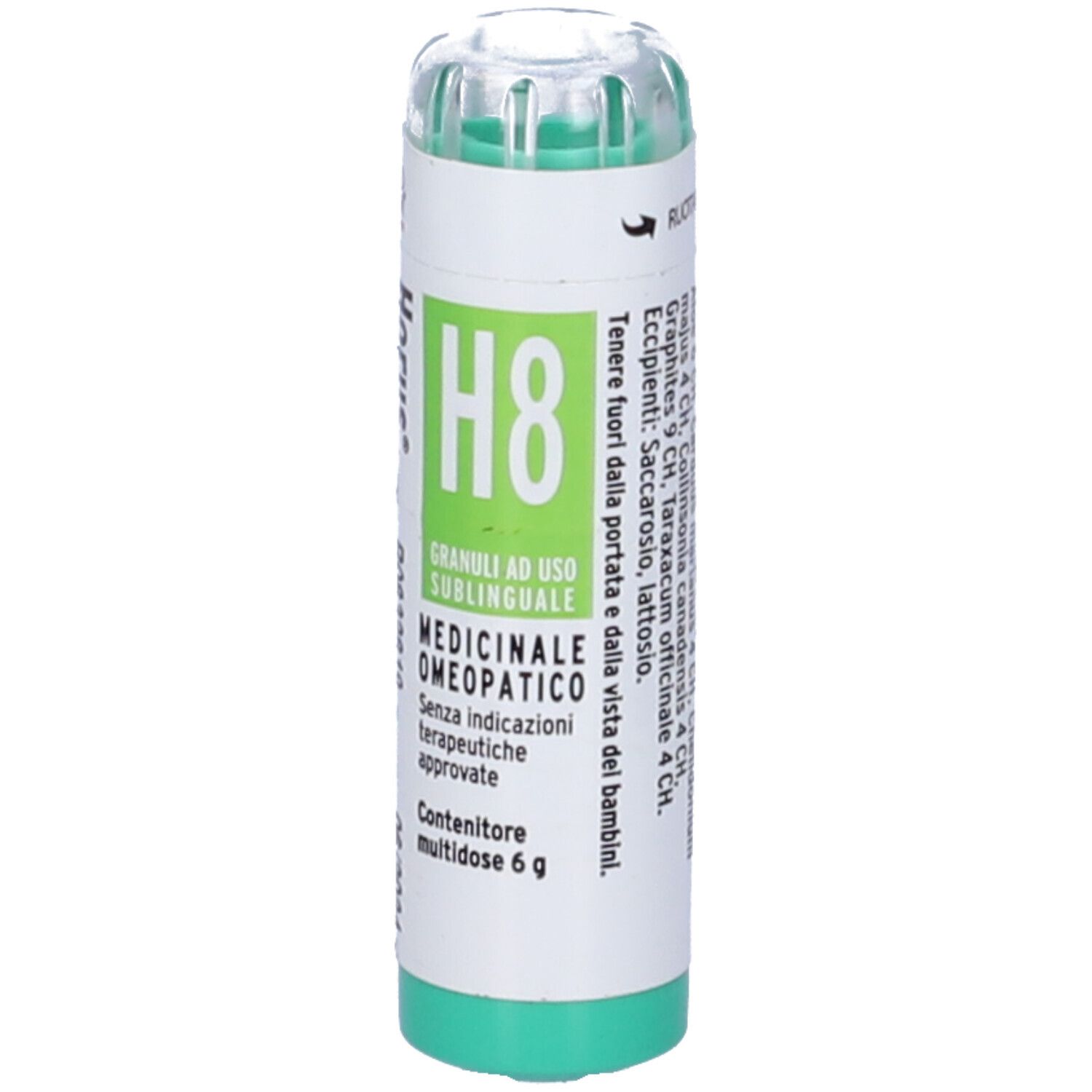 Confezione cilindrica verde e bianca. Scritta: Horus H8 Granuli, Medicinale omeopatico. Data di scadenza.