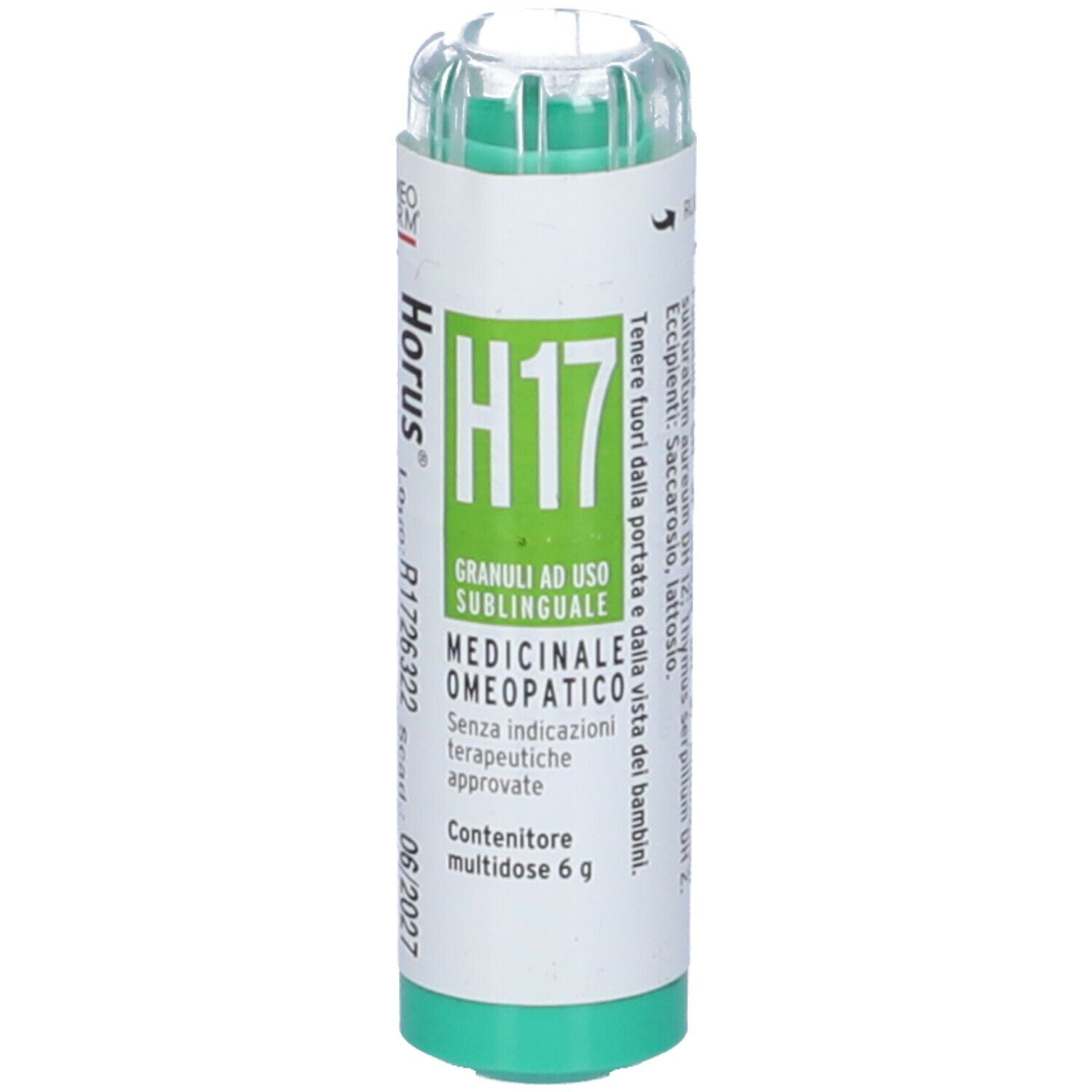 Confezione cilindrica con base e coperchio verdi. Scritta "H17".