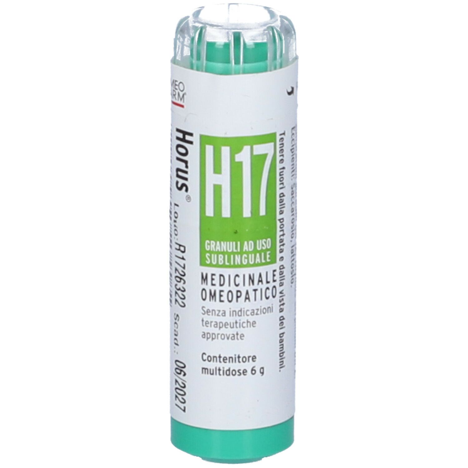 Confezione cilindrica con base e coperchio verdi. Scritta "H17".