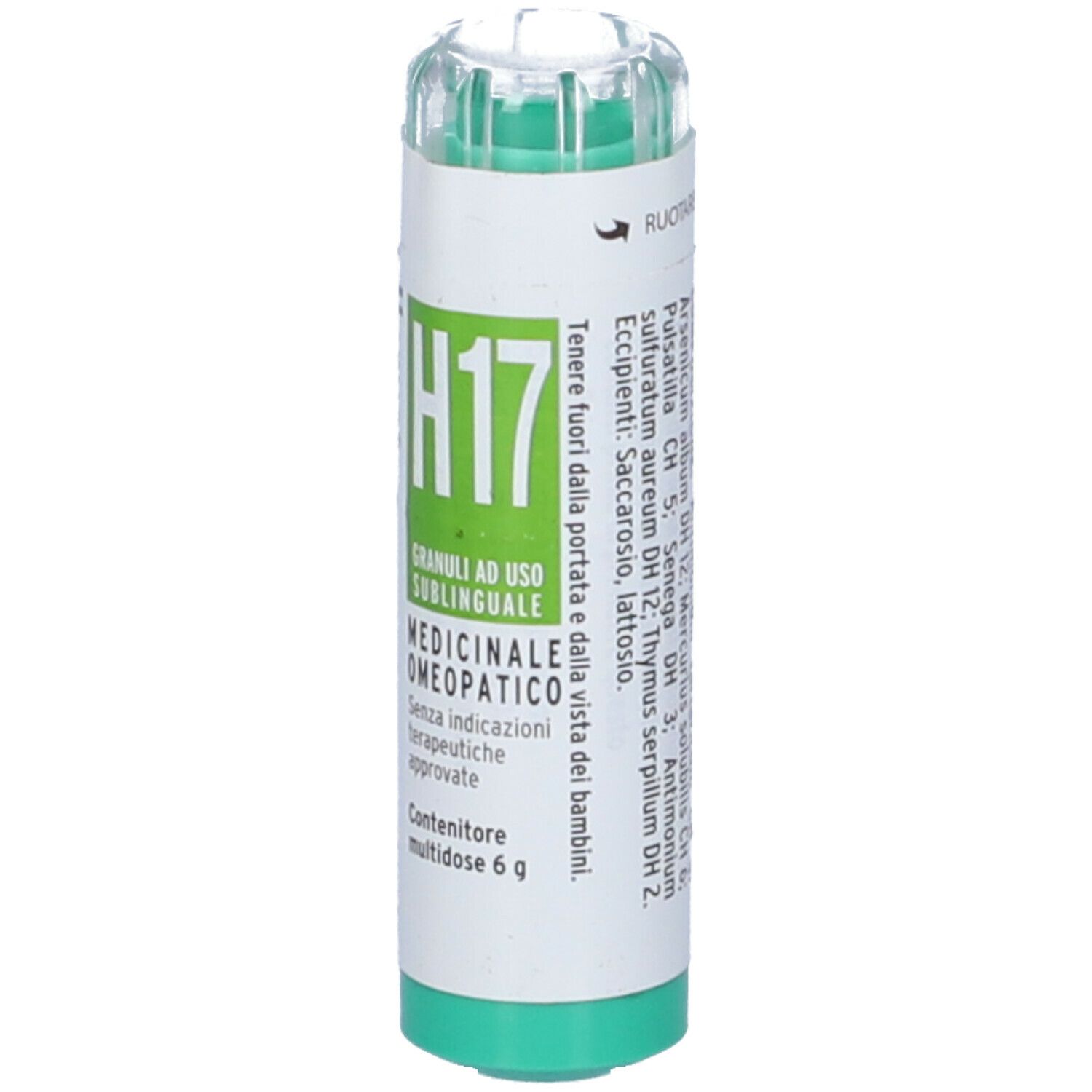 Confezione cilindrica con base e coperchio verdi. Scritta "H17".