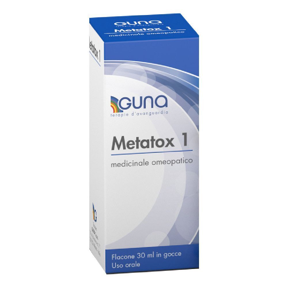 Scatola blu e bianca con logo e nome del prodotto. Testo: Guna Metatox 1, 30 ml gocce. In alto: logo Guna.