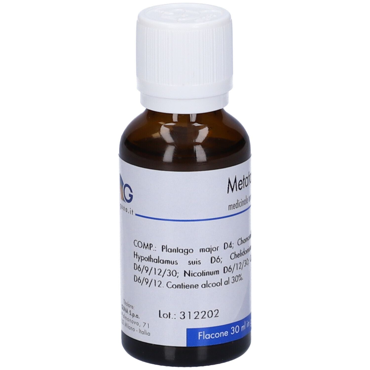 Flacone di vetro marrone con tappo bianco. Etichetta con nome del prodotto e ingredienti. Testo: Metatox 1, 30 ml.
