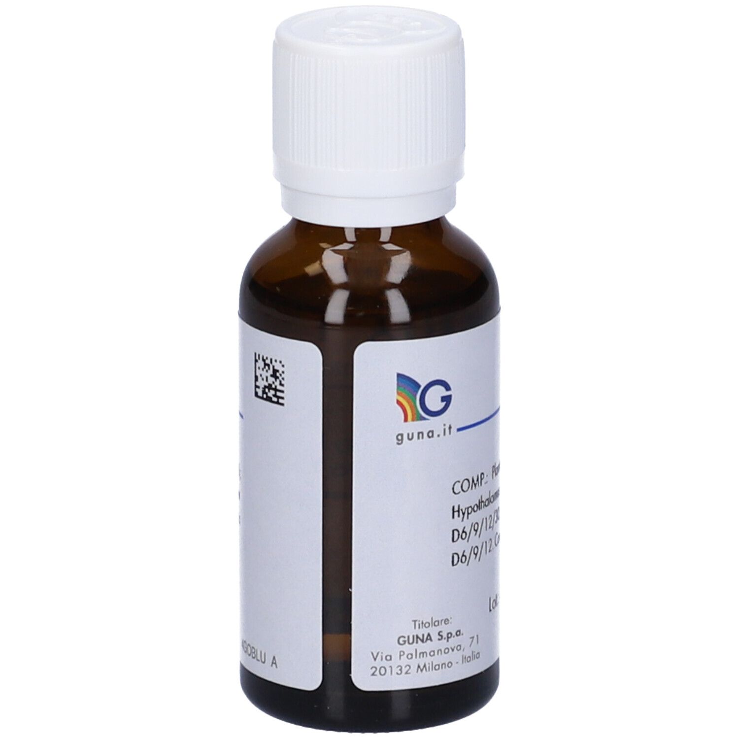 Flacone di vetro marrone con tappo bianco. Etichetta con informazioni sul prodotto e logo. Testo: Guna, Metatox 1, 30 ml.
