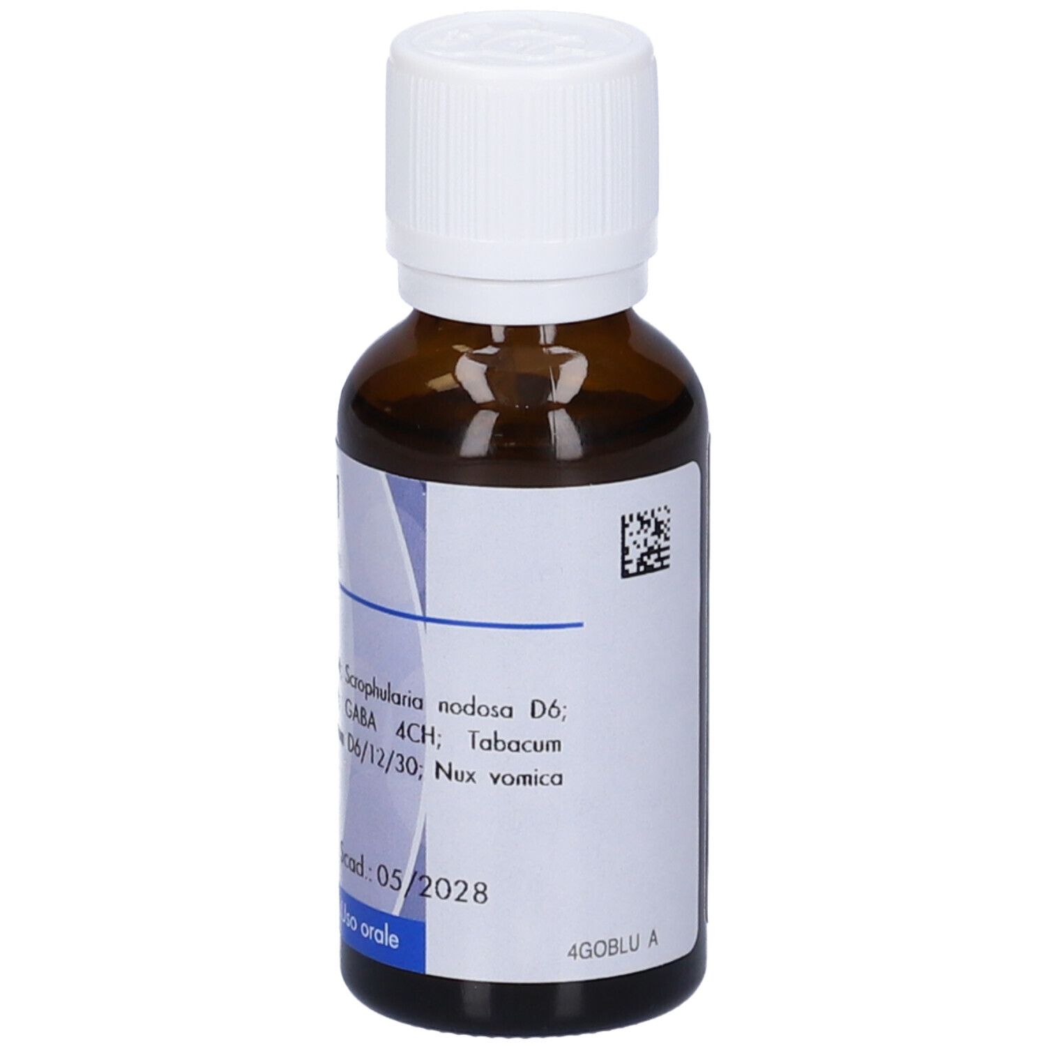 Flacone di vetro marrone con tappo bianco. Etichetta con informazioni sul prodotto. Testo: Metatox 1, 30 ml, scad. 05/2028.