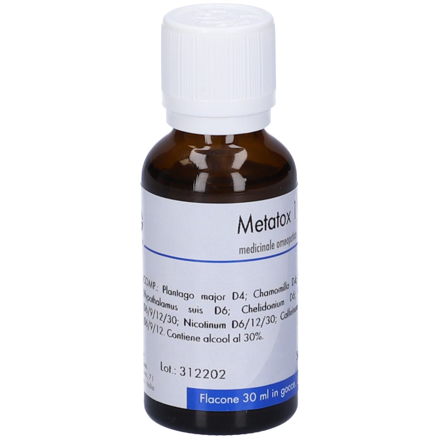 Flacone di vetro marrone con tappo bianco. Etichetta con informazioni sul prodotto. Testo: Metatox 1, 30 ml, scad. 05/2028.