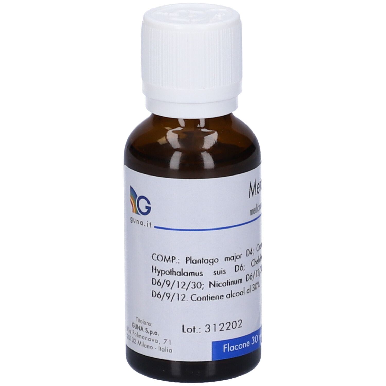 Flacone di vetro marrone con tappo bianco. Etichetta con informazioni sul prodotto. Testo: Metatox 1, 30 ml, scad. 05/2028.