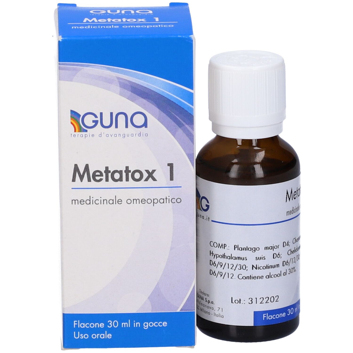 Flacone di vetro marrone e scatola. Sul flacone: Metatox 1, 30 ml. Sulla scatola: logo Guna, Metatox 1.