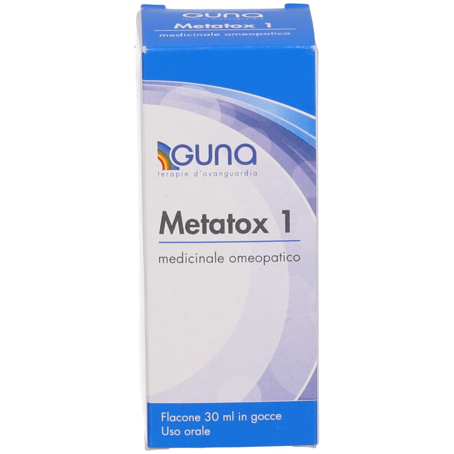 Scatola blu e bianca con logo e nome del prodotto. Testo: Guna Metatox 1, 30 ml gocce. In alto: logo Guna.