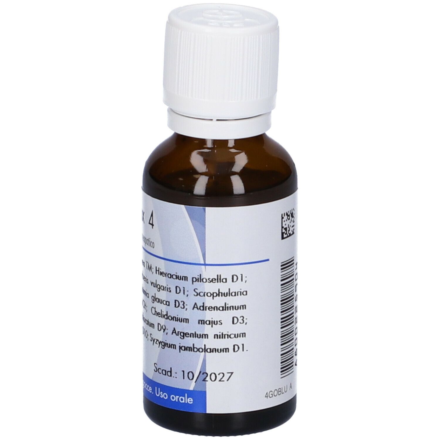 Flacone vetro marrone con tappo bianco. Etichetta con nome prodotto e ingredienti. Scadenza 10/2027.