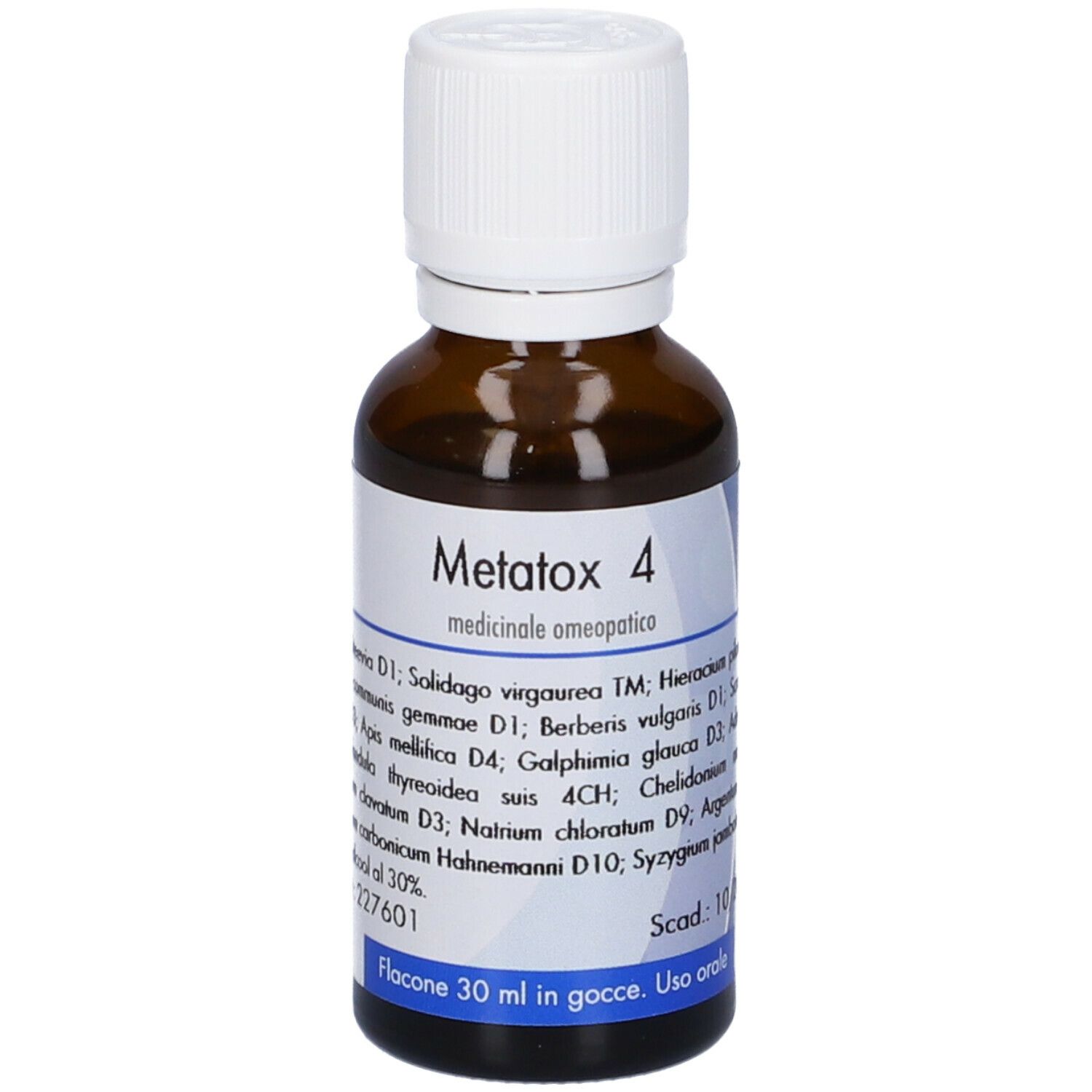 Flacone vetro marrone con tappo bianco. Etichetta con nome Metatox 4 e ingredienti. Medicinale omeopatico.