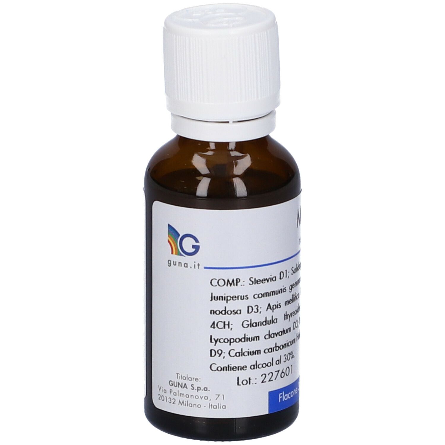 Flacone di vetro marrone con tappo bianco. Etichetta con informazioni e logo Guna. Contenuto 30 ml.