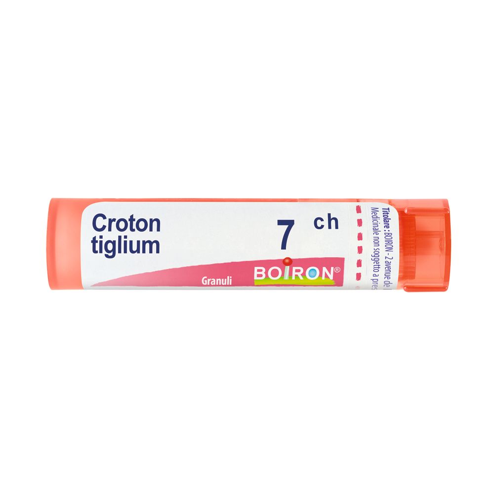 Confezione cilindrica con scritta "Croton tiglium 7 ch Granuli" e logo Boiron. Tappo e estremità rosa.