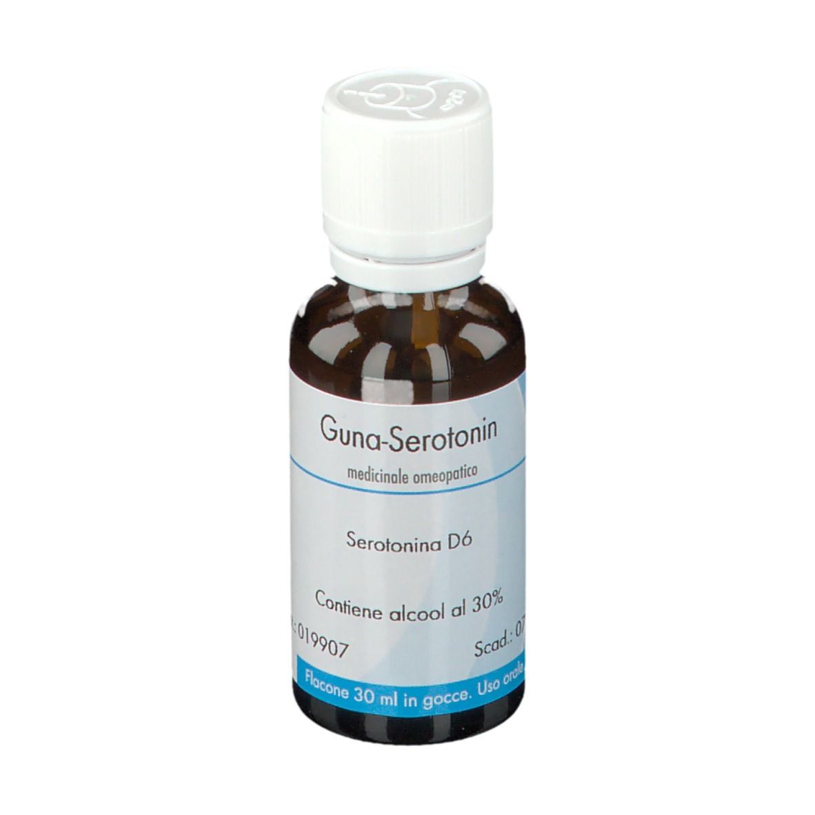 Flacone di vetro marrone con tappo bianco. Etichetta: Guna-Serotonin, Serotonina D6, contiene alcool al 30%.