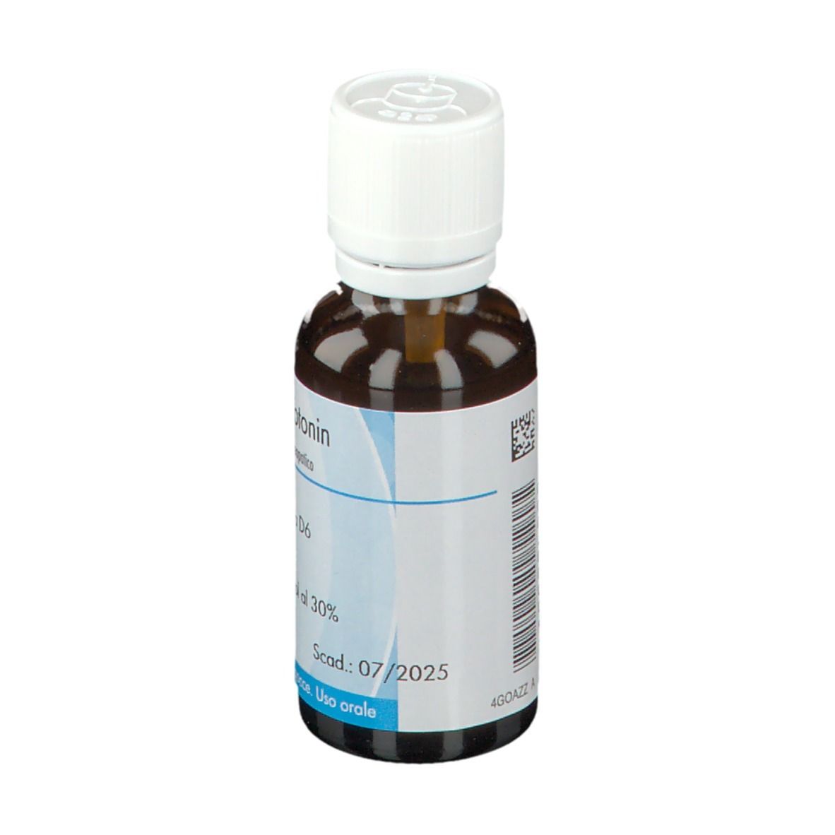 Flacone marrone con tappo bianco. Etichetta: Guna-Serotonin, Serotonina D6, Scad: 07/2025. QR code e codice a barre.