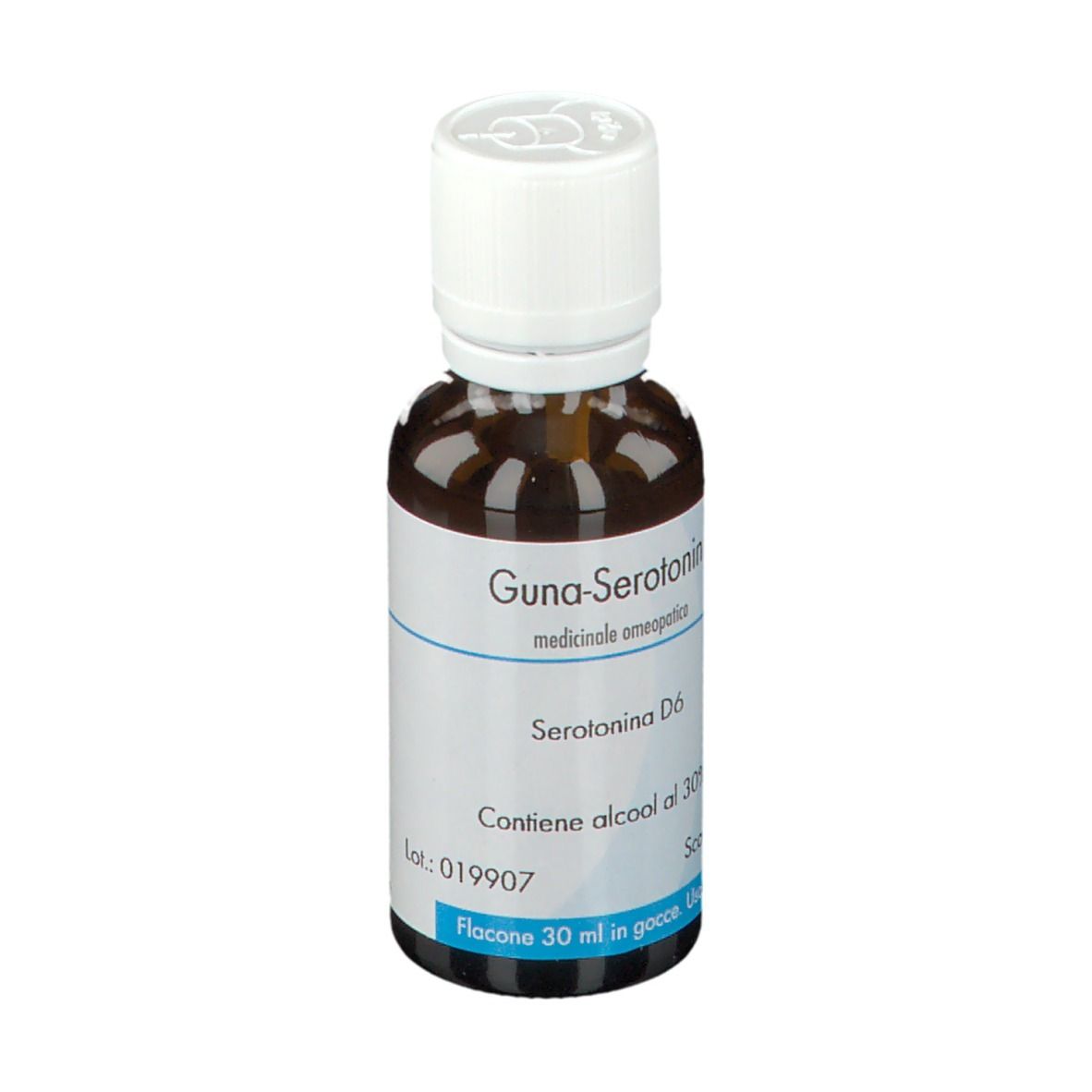 Flacone di vetro marrone con tappo bianco. Etichetta: Guna-Serotonin, Serotonina D6, contiene alcool al 30%.