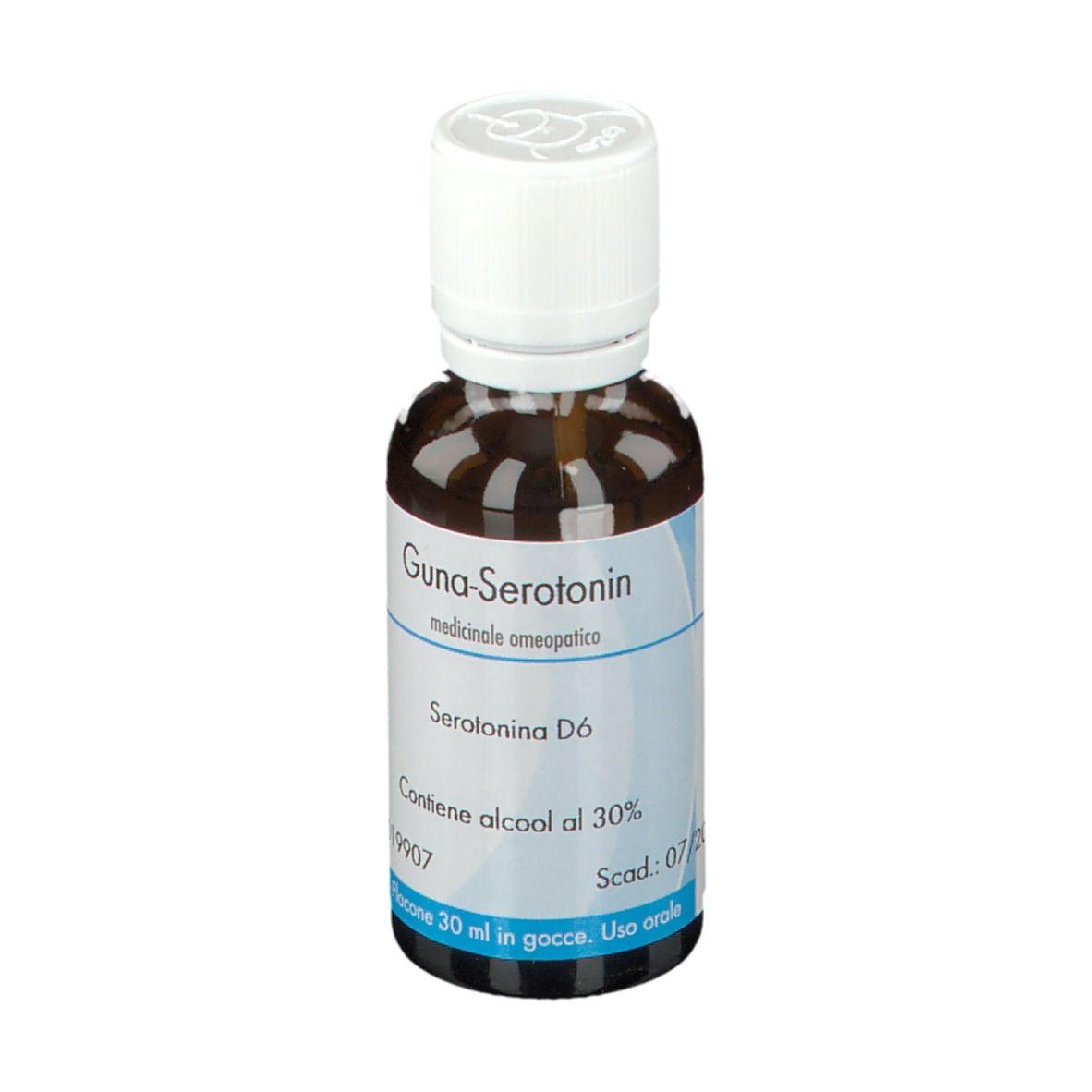 Flacone di vetro marrone con tappo bianco. Etichetta: Guna-Serotonin, Serotonina D6, contiene alcool al 30%.