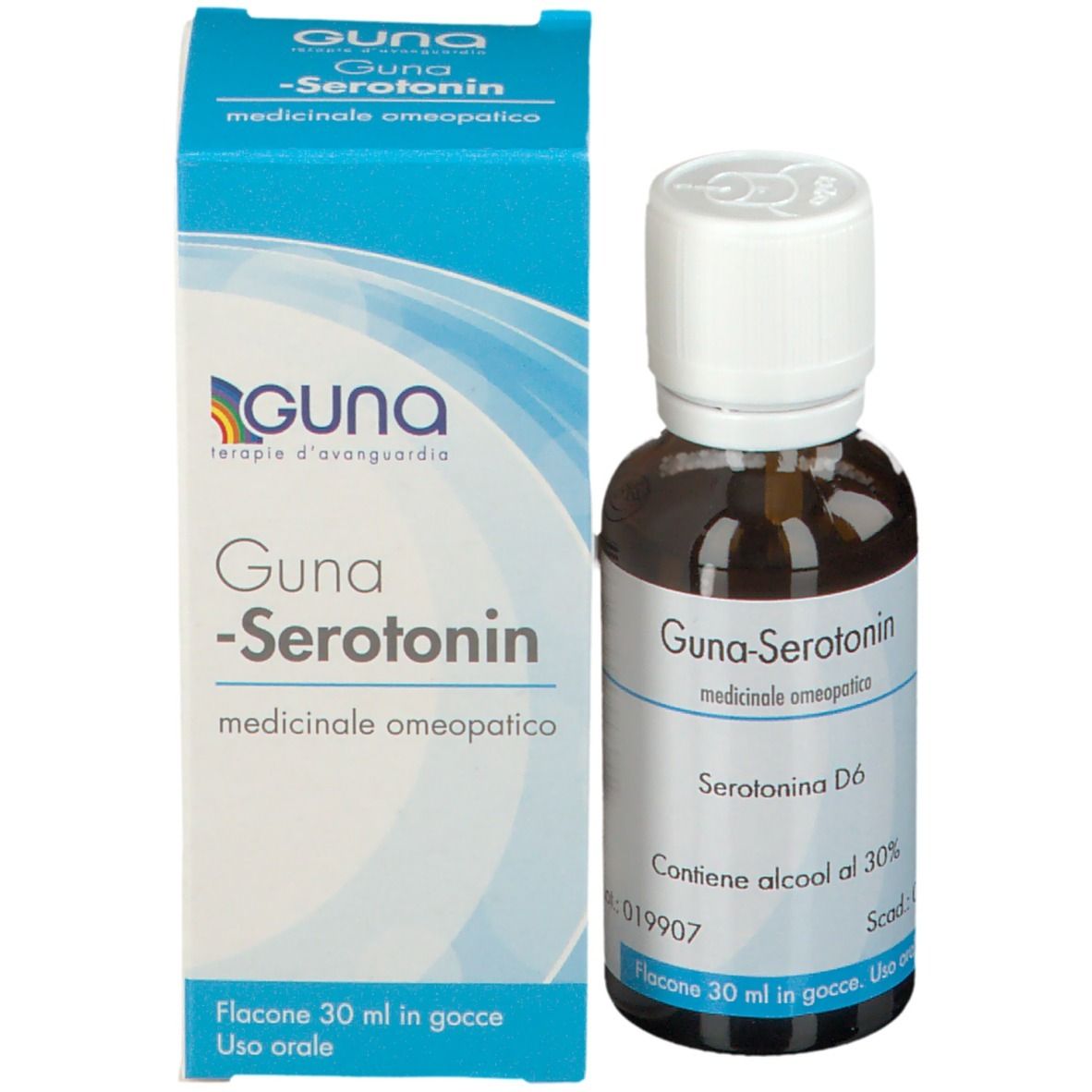 Confezione del prodotto con flacone. Scatola blu con Guna-Serotonin. Flacone con tappo bianco.