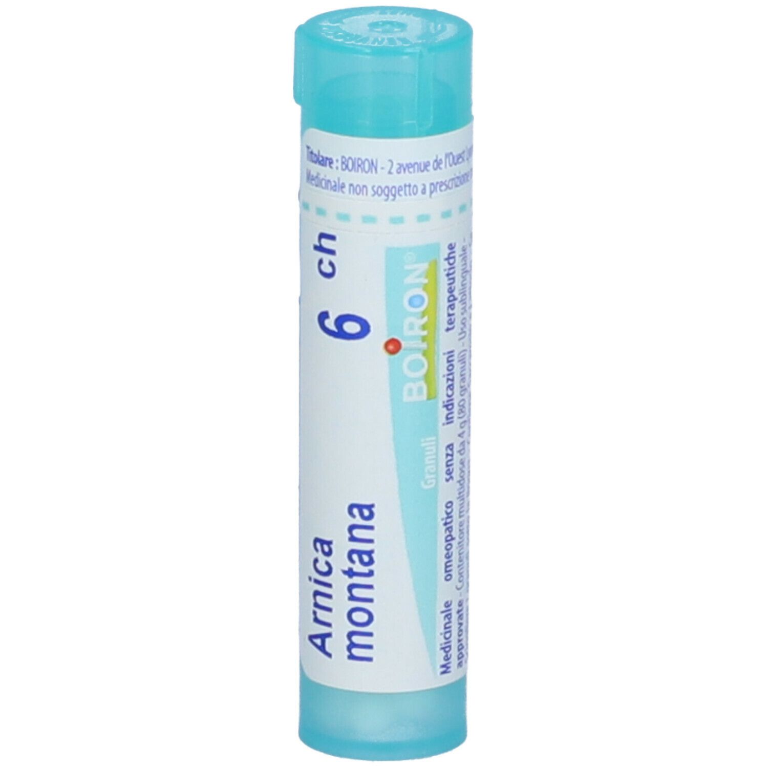 Confezione cilindrica con "Arnica montana 6 ch" e logo Boiron. Colori turchese e bianco.