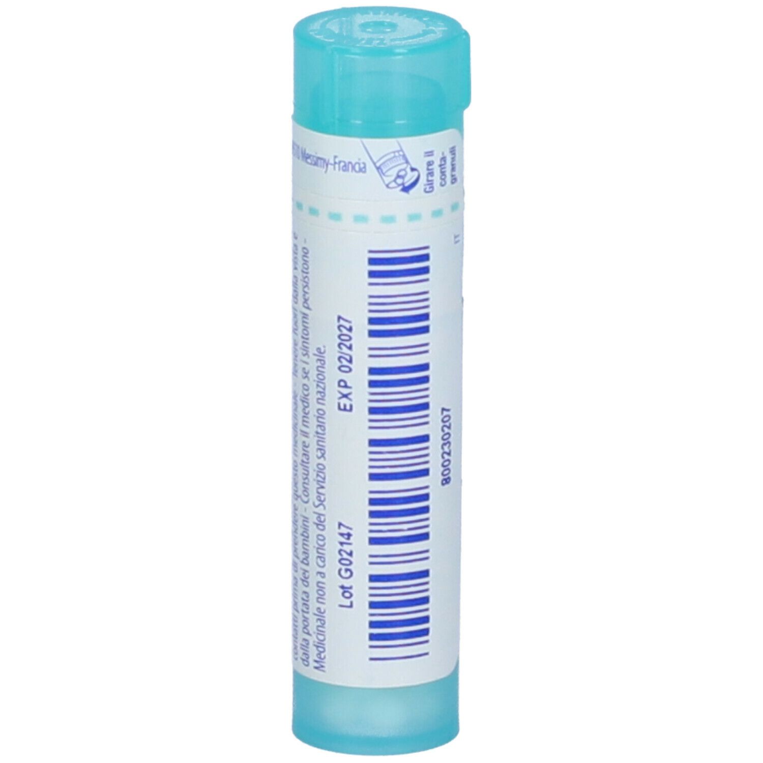 Confezione cilindrica con "Arnica montana 6 ch". Colori turchese e bianco. Data di scadenza.
