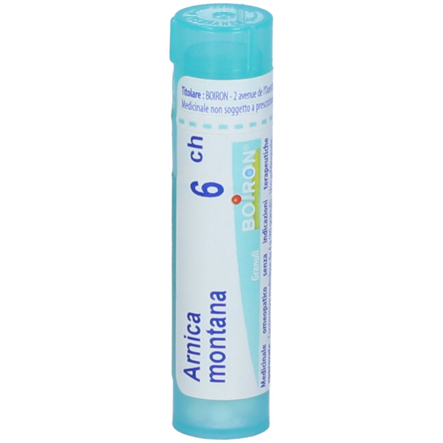 Confezione cilindrica con "Arnica montana 6 ch" e logo Boiron. Colori turchese e bianco.