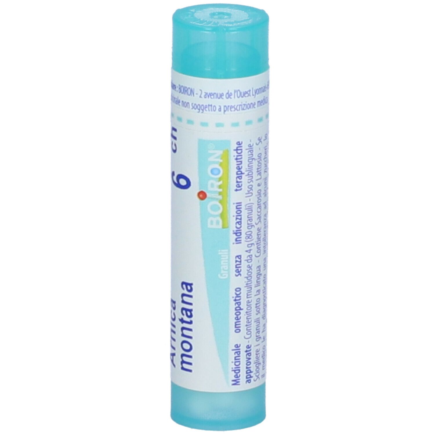 Confezione cilindrica con "Arnica montana 6 ch" e logo Boiron. Colori turchese e bianco.