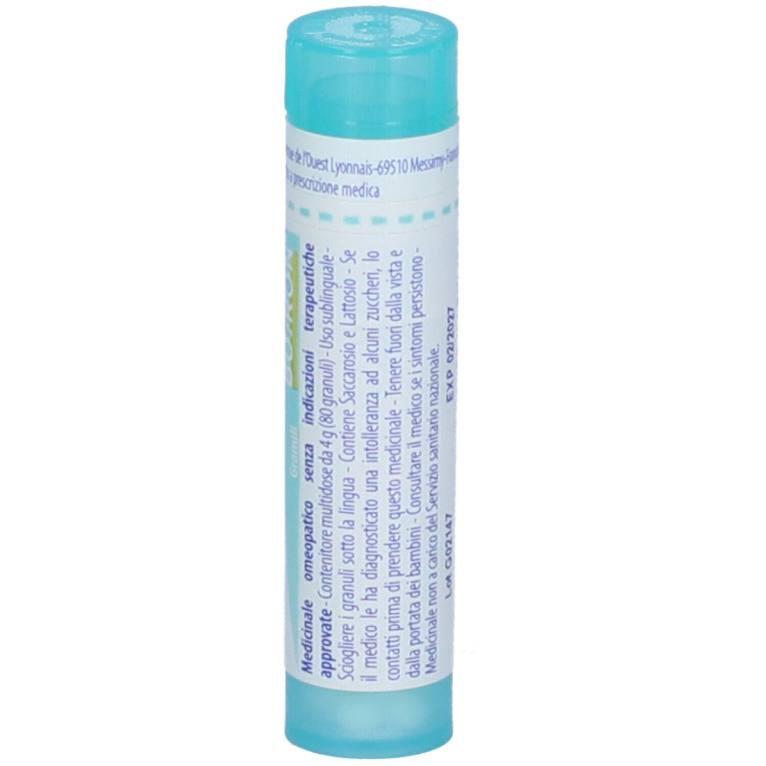 Confezione cilindrica con "Arnica montana 6 ch". Colori turchese e bianco. Testo e informazioni.