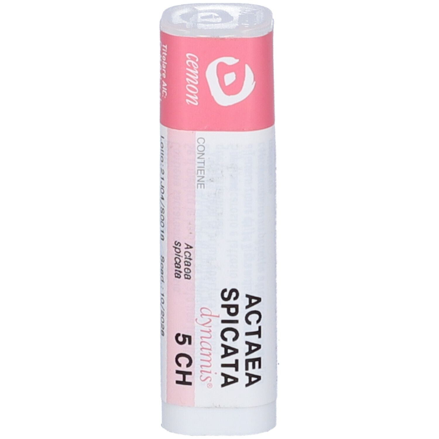 Flacone cilindrico con etichetta rosa e bianca. Scritta: Actaea Spicata 5 CH, cemon.