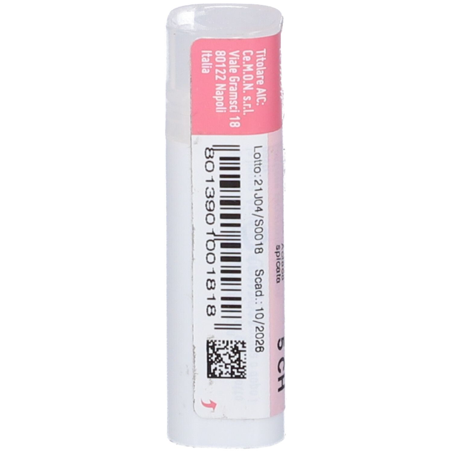 Flacone cilindrico con etichetta rosa e bianca. Scritta: Actaea Spicata 5 CH, cemon.