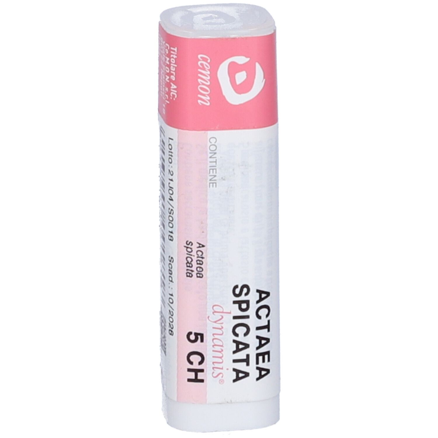 Flacone cilindrico con etichetta rosa e bianca. Scritta: Actaea Spicata 5 CH, cemon.