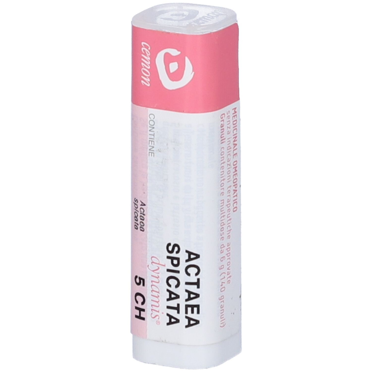 Flacone cilindrico con etichetta rosa e bianca. Scritta: Actaea Spicata 5 CH, cemon.
