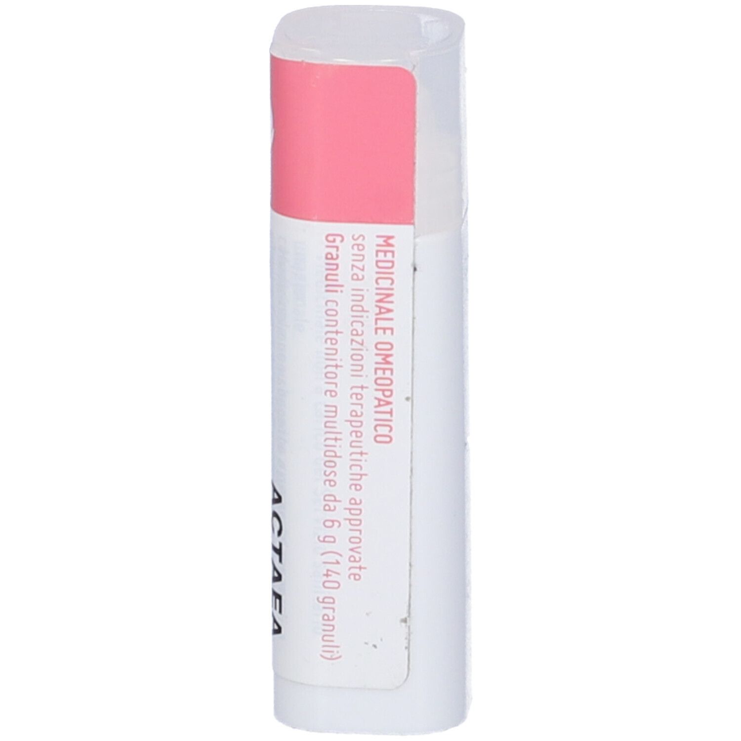 Flacone cilindrico con etichetta rosa e bianca. Scritta: Actaea Spicata 5 CH, cemon.