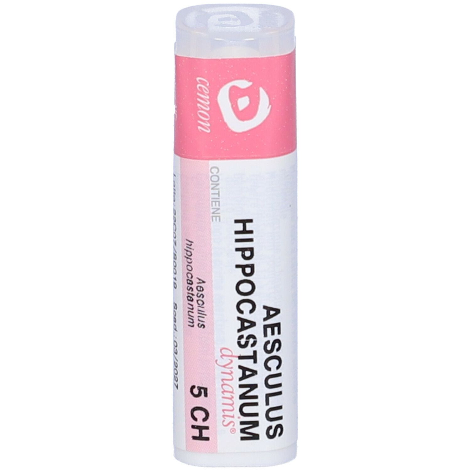 Confezione cilindrica con etichetta rosa. Scritta: Aesculus Hippocastanum 5 CH. Contiene globuli.