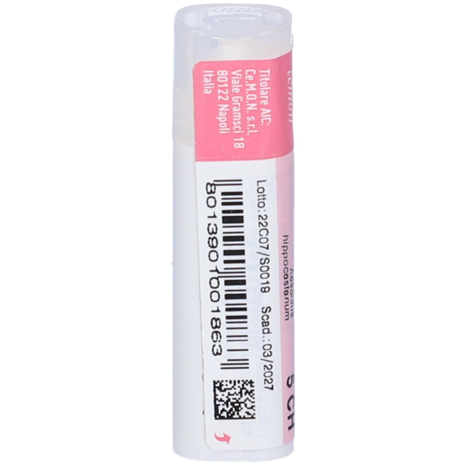 Confezione cilindrica con etichetta rosa. Scritta: Aesculus Hippocastanum 5 CH. Contiene globuli.