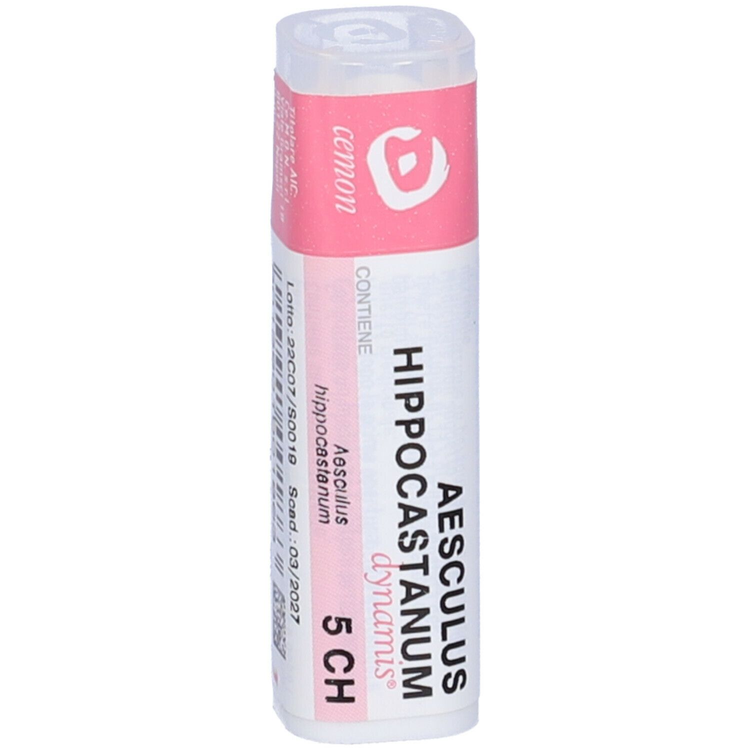 Confezione cilindrica con etichetta rosa. Scritta: Aesculus Hippocastanum 5 CH. Contiene globuli.